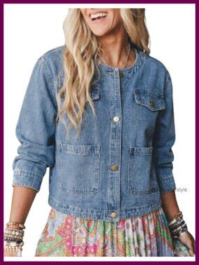 Womens Collarless Denim Jacket Crop Casual Fall Coat